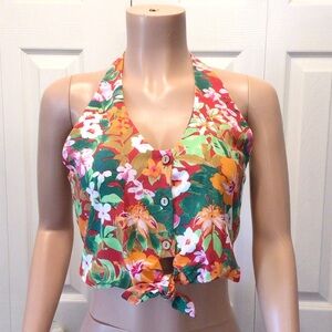 Lily Rose Juniors Floral Button Tie Front Crop Halter Tank Top